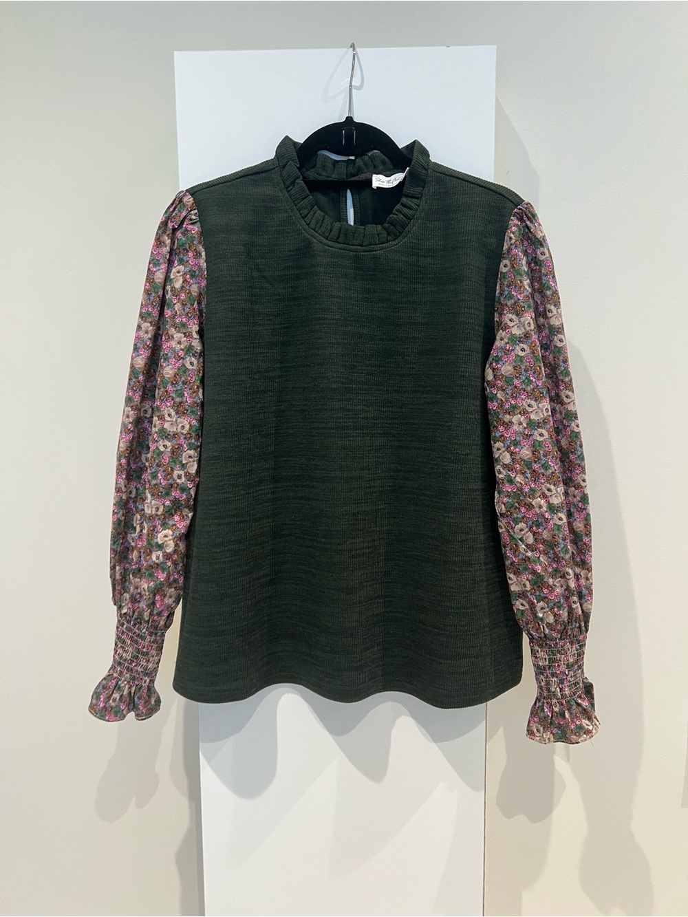 Dark Green Knit Top with Pink Floral Puff Sleeves